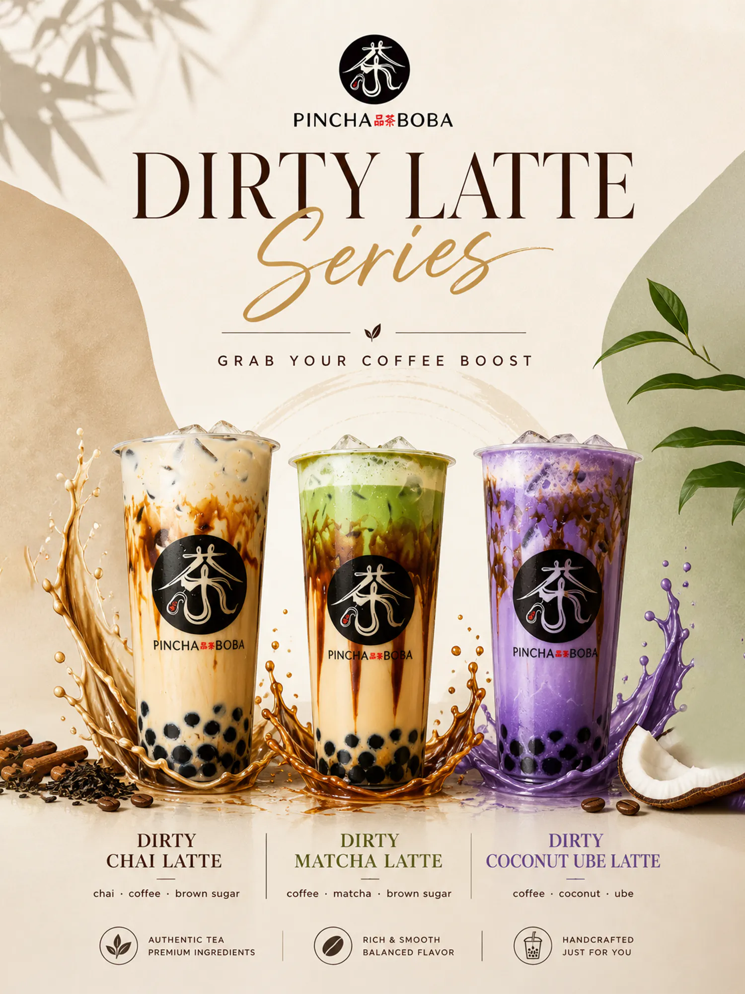 Dirty Latte Series Advertisement with Chai, Matcha and Coconut Ube Bubble Tea Drinks