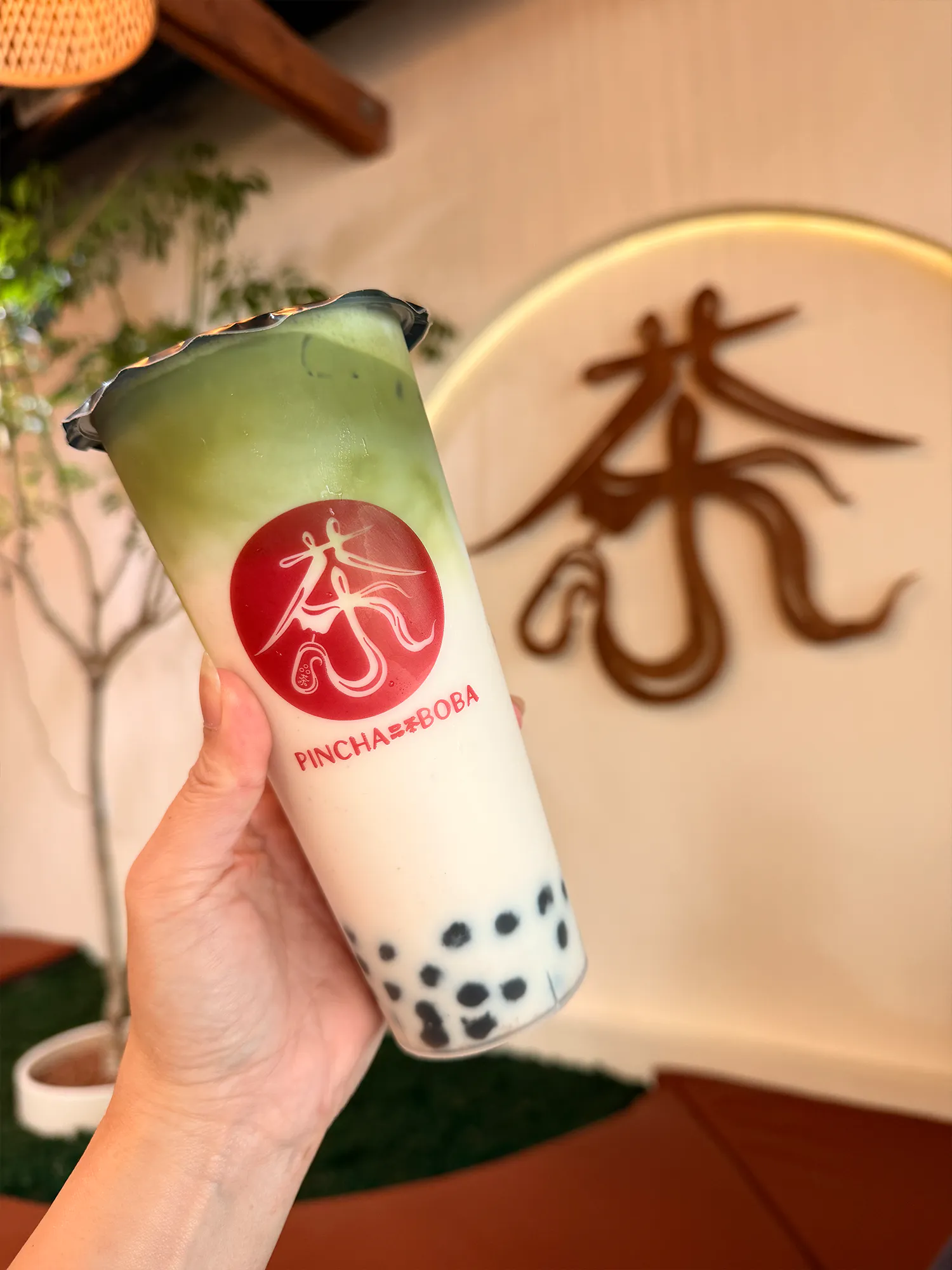 Hand Holding a Matcha Milk Tea with Boba Pearls Inside a Modern Tea Shop Interior
