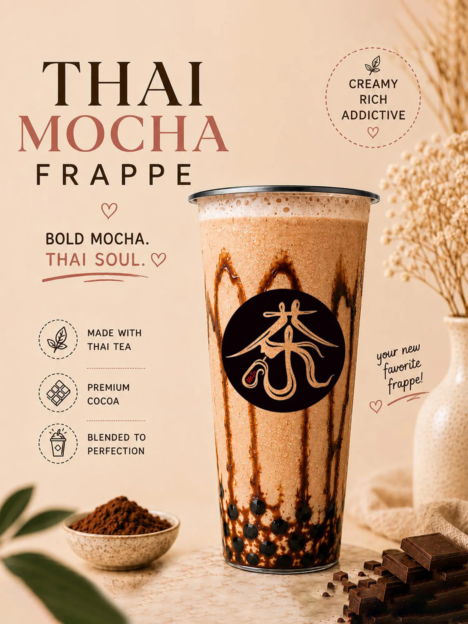 Thai Mocha Frappe Promotional Poster Featuring a Chocolate Drizzled Bubble Tea Drink